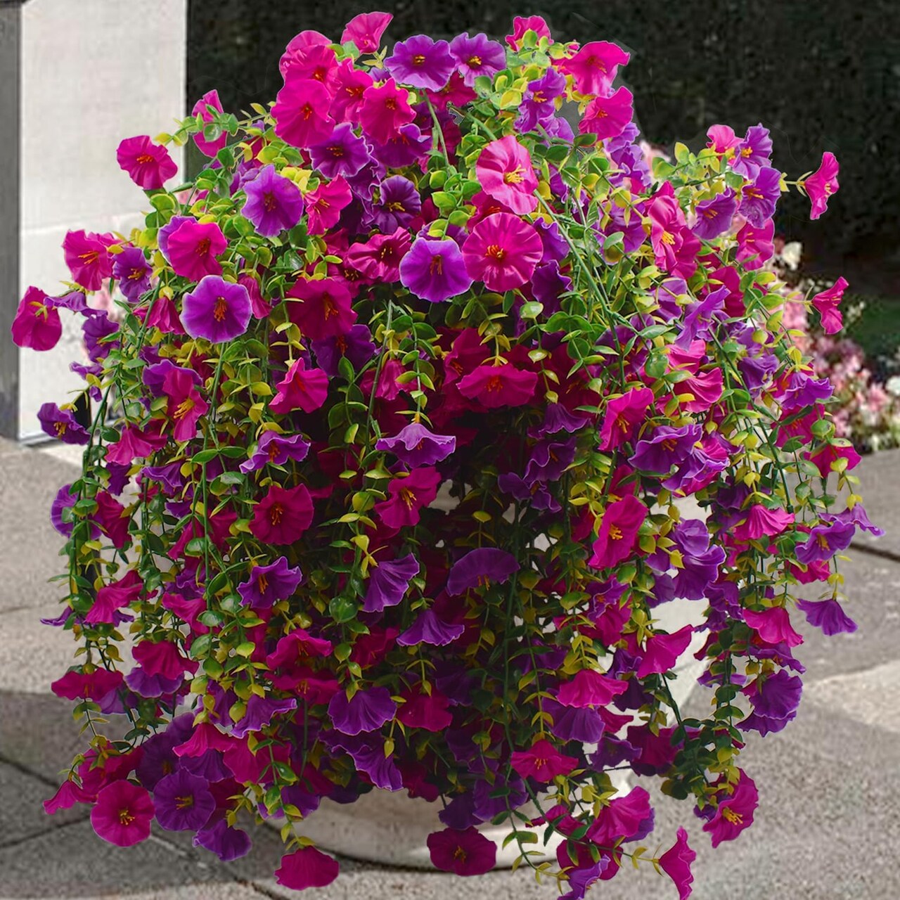 2 Pcs Look Real Artificial Flowers for Outdoors Artificial Hanging Flowers for Outdoors, UV Resistant Fake Hanging Plants Silk Petunia Faux Flowers for Porch Yard Spring Decor